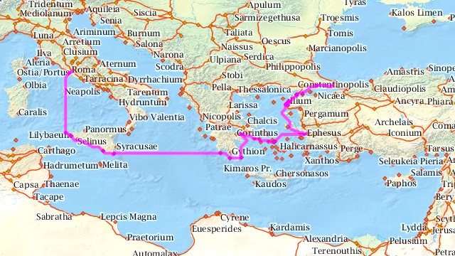 Las rutas del Imperio Romano en un mapa